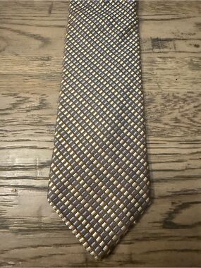 Faconnable Brown Tie with Blue and Cream Grid Pattern